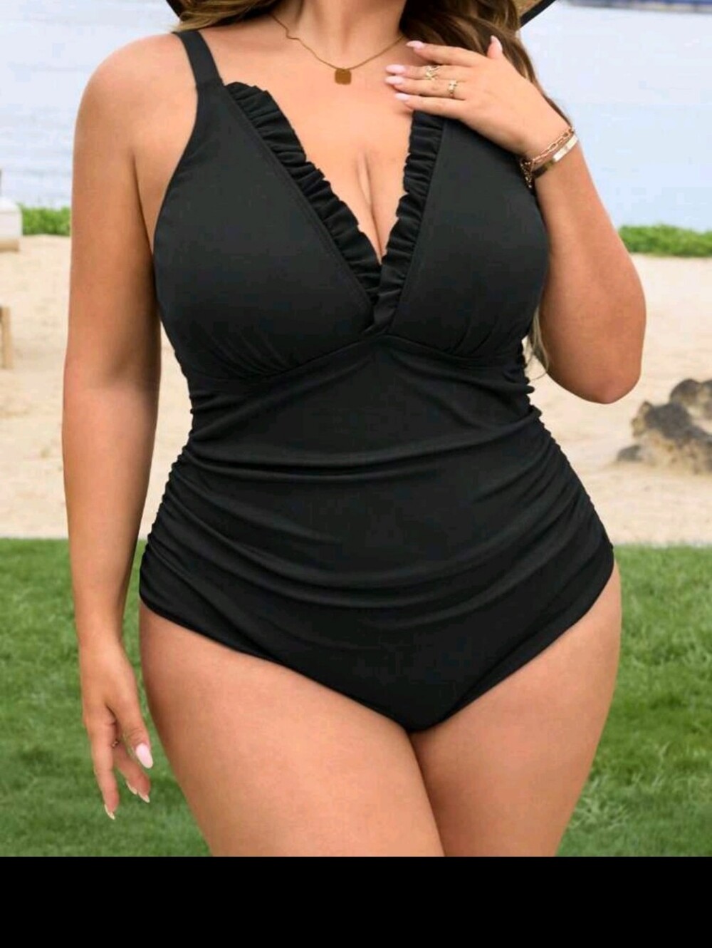 Classic Black Ruffled V-Neck One-Piece Swimsuit - Size 30